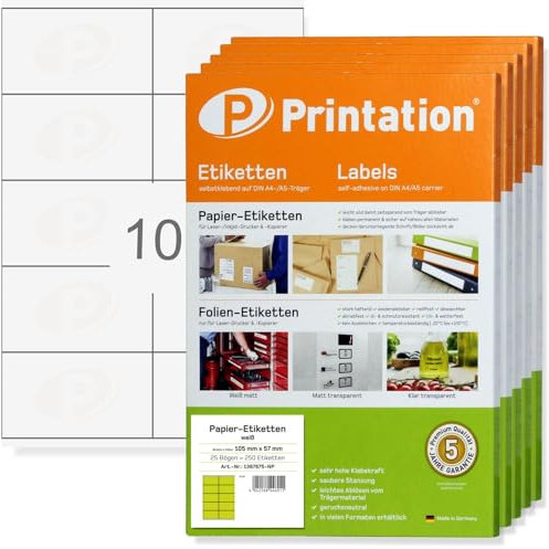 Printation Etiketten 105 x 57 mm BigPack - 5000 Aufkleber auf 500 Blatt DIN A4 2x5-10 Aufkleber 105x57 pro Blatt - Universal Labels blanko weiß - Adressetiketten Klebeetiketten bedruckbar 3425 4425