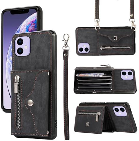Asuwish Handyhülle für iPhone 11 Hülle mit Band Kartenfach Klappbar Geldbörse Ständer Handyhüllen Cover Leder Kette Vintage i Phone11Hülle 11Hülle Handy Hüllen Schutzhülle Damen Phone Case Schwarz
