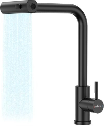 APPASO Küchenarmaturen Schwarz, Hochdruck Wasserfall Wasserhahn Küche mit Brause Ausziehbar für die Küche, Einhebel Ausziehbarer Spültischarmatur 1 Loch 360° Schwenken
