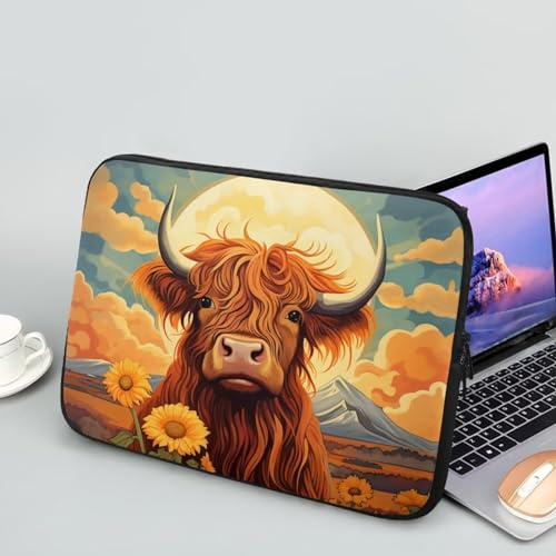 Showudesigns Highland Cow Sunflower Laptop Sleeve for Women Neoprene Lap Top Case 12 inch for Friends Computer Sleeve Bags Tablet Bag Pouch Briefcase Gifts Cattle