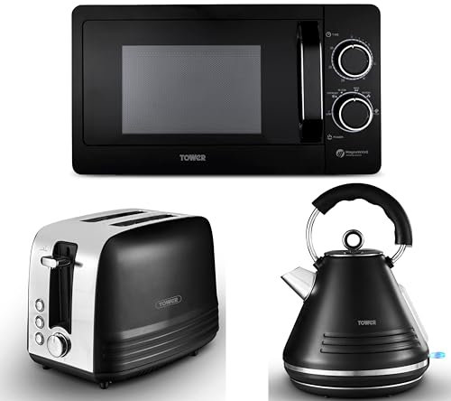 Tower Ash Black 1.7L 3KW Pyramid Kettle, 2 Slice Toaster & T24042BLK 800W 20 Litre Manual Microwave. Contemporary Matching Kettle, Toaster & Microwave Set in Black