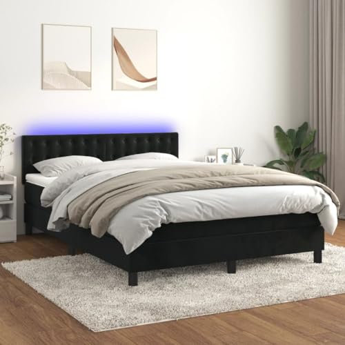Willood Boxspringbett mit Matratze LED Schwarz 140x200cm Bettgestell Bett Doppelbett Polsterbett Lattenrost Bettrahmen Hotelbett Schlafzimmerbett Samt Stil4