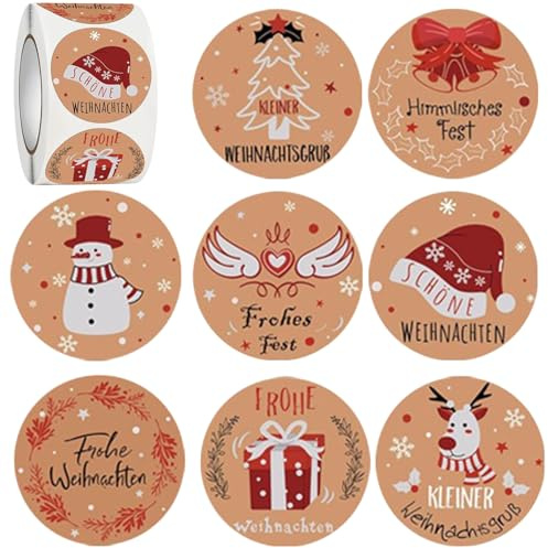 Aufkleber Weihnachten Rund 500 Stück Geschenkaufkleber Frohe Weihnachten Kraftpapier Weihnachtsaufkleber auf Rolle Weihnachtssticker Selbstklebende Etiketten Für Party Geschenkverpackungen(Stil 2)