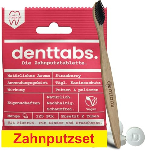Denttabs Zahnputzset - Zanputztabletten Erdbeer mit Fluorid 125 Stk Set+Bamboobrush Bambus Zahnbürste ultrasoft