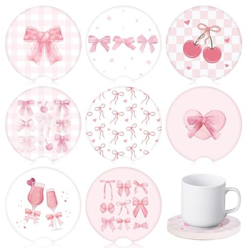 8Pcs Car Cup Coaster Pink Bow Car Coasters Universal Absorbent Cork Car Coasters Car Cup Holder Insert 2.6 Anti Slip Cup Coasters with A Finger Notch Vehicle Interior Accessories for Girls, Women