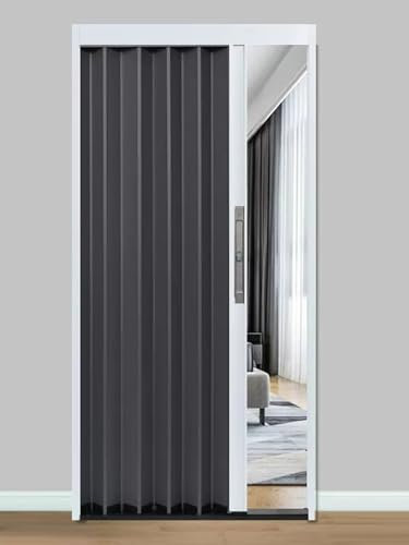 Puerta corredera de acordeón para puerta y sala de estar, marco de puerta blanco con panel de aluminio gris, tamaños grandes disponibles (71.1 x 101.6 cm)