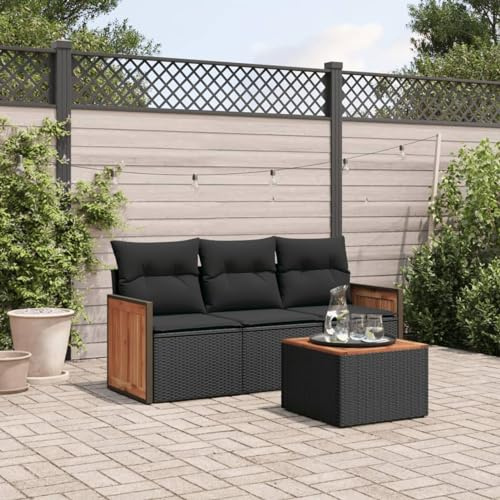 IKAYAA Sofá Jardín 4 plazas con Almacenamiento de Ratán, Muebles Jardín con Cojines Acolchados, Sofa para Terraza, Sofá de Exterior, Sofá para Jardín Patio Terraza Negro