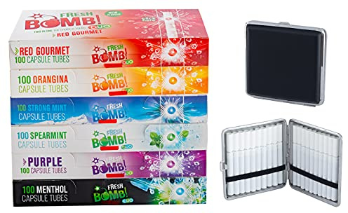 Sunmondo Fresh Bomb Click Zigarettenhülsen – 6 Geschmacksrichtungen, je 100 Hülsen (600 Stück) inkl. Aluminium-Etui