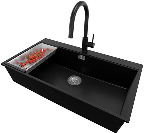 PRIMAGRAN Fregadero Granito Negro 88x50cm, Cocina 1 Seno + Grifo 40x20cm + Sifón, Sobre encimera al mueble 90cm - Oslo
