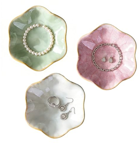 3 Stück Keramik-Schmucktablett, Kleines Ringförmiges Tablett in Blumenform | Keramik-Schmucktablett als Geschenk für Frauen Hochzeitsgeschenk Muttertagsgeschenk (Rosa Grün Weiß)
