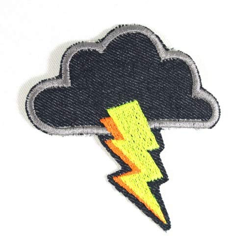 Bügelbild Blitz mit Wolke 8,7 x 8,5cm Flicken zum aufbügeln neon Bügelflicken Aufbügler Blitz Wolke patch Jeans für Kinder und Erwachsene
