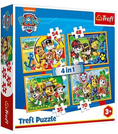 Trefl TR34307 Immer pünktlich, PAW Patrol 35 bis 70 Teilen, 4 Sets, für Kinder ab 3 Jahren Puzzle, Farbig