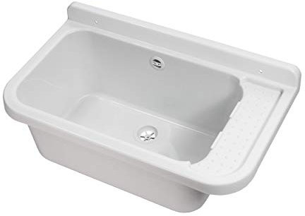 Lavabo de 50 cm x 34 cm x 21 cm, fregadero con rebosadero, lavabo para comercios, lavabo, Jardín, dispensador de jabón, grifería, incluye granito de drenaje, Blanco