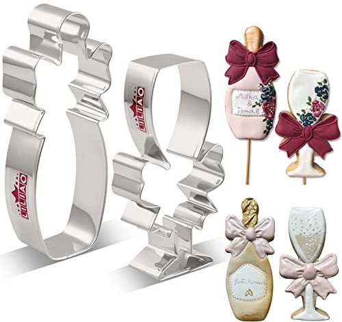 LILIAO Champagne and Champagne Glass with Ribbon Cookie Cutter for Wedding/Engagement - Stainless Steel