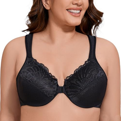 MELENECA Front Fastening Bras for Women Plus Size Underwire Unlined Lace Cup Cushion Strap Black 42G