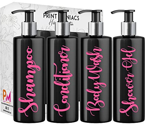 Print Maniacs Black Mrs Hinch Inspired Personalised 500ml Pump Bottles Bathroom Lotion Kitchen Set Shampoo Conditioner (Shower Gel Set) (Baby Pink)