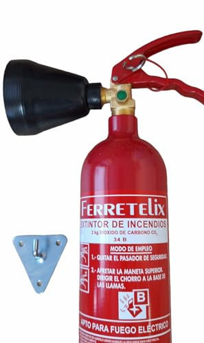 Ferretelix®. Extintor CO2 2 kgs dioxido de Carbono Incluye Soporte metálico de Pared y difusor (no Deja residuos)