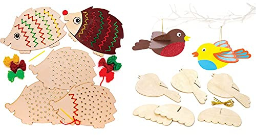 Baker Ross AW934 Igel-Holzfädel-Set, Kunst und Handwerk für Kinder (4 Stück), Sortiert & 3D-Vögel aus Holz für Kinder als weihnachtliche Bastel- und Deko-Idee für Jungen und Mädchen (6 Stück)