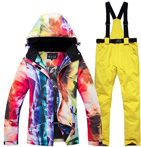 WYOUTDOOR Skianzug für Damen, Winterjacke und Skihose, bunt, Snowboard, Jacke und Hose mit Trägern, wasserdicht, mit Kapuze, Schneeanzug, Gelb, M