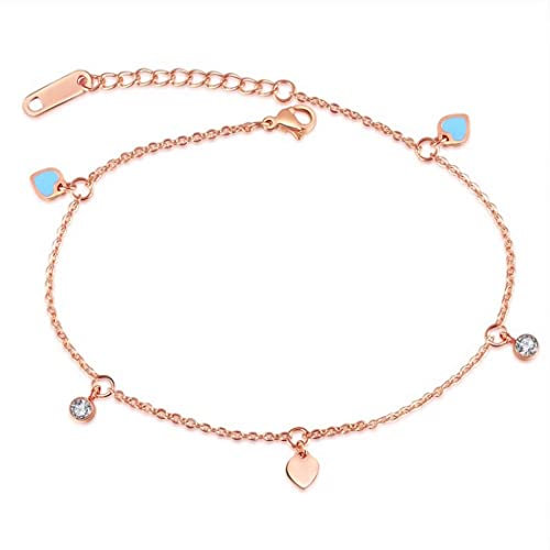 Kim Johanson Edelstahl Damen Fußkettchen *Zara* in Roségold | Mit Zirkonia & Herzen | Wasserfeste Fußkette | Frauen Boho Schmuck | Verstellbar inkl. Schmuckbeutel