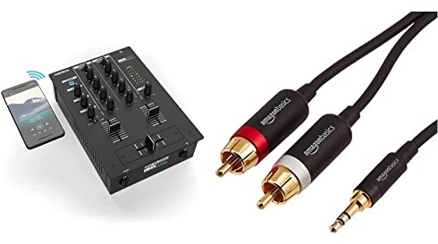 Reloop RMX-10 BT 2-Kanal Bluetooth DJ-Mixer mit eingebauter Bluetooth-Konnektivität, schwarz & Amazon Basics PBH-19822 Cinch-Audiokabel, 3,5-mm-Klinkenstecker auf 2 x Cinch-Stecker, 2,44 m
