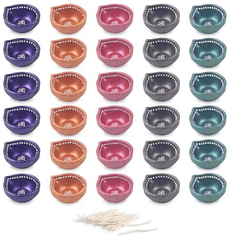 KSJONE Set mit 30 farbenfrohen handgefertigten Diyas für Diwali. Handbemalte dekorative Ton-Mitti-Diya-Deepak-Laternen für Diwali-Dekoration (kostenlose Lambi-Diya-Batti/lange Baumwolldochte)