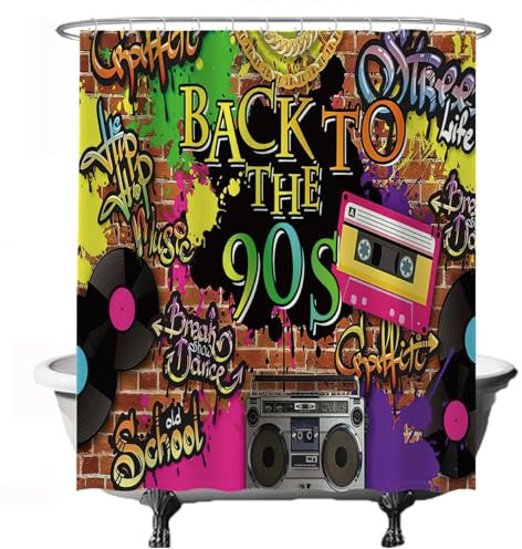 Ulticool Tenda da doccia – Party Vintage Graffiti Nineties Cassette – 180 x 200 cm – Lavabile – Anti muffa – con 12 anelli – Multicolore