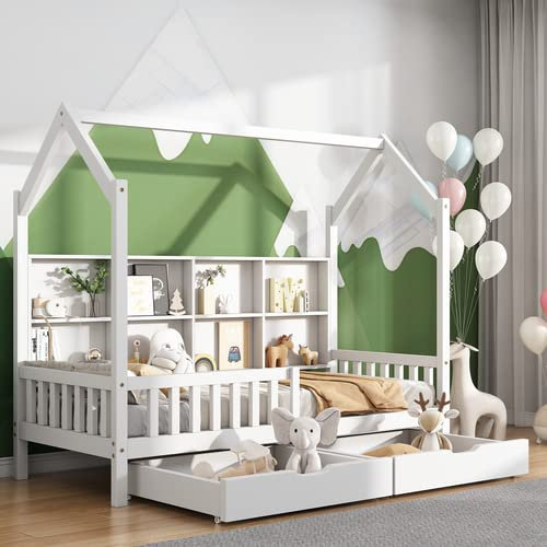 KEEPREAPER Kinderbett 90x200cm mit Rausfallschutz und 2 Schubladen, Hausbett Jugendbett mit 8 Regalfläche und Lattenrost für Jungen & Mädchen, Weiß (mit 8 Regalfläche, 90x200cm)