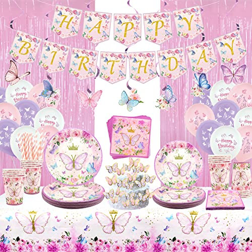 Butterfly Party Supplies, Happy Birthday Banner , Plates, Tablecloths, Cups,Napkins,Straws ,Hanging Swirls ,Cake Topper,Balloons,for Baby Shower Birthday Party Decorations Serves 20 (Serves 20)