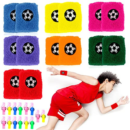 Schweißband Handgelenk Kinder Set 28 STK(14 Schweißbänder Handgelenk mit 14 Trillerpfeife) Schweissband Fussball Kinder für Fussball Deko Geburtstag Kinder Party,Outdoor Aktivität