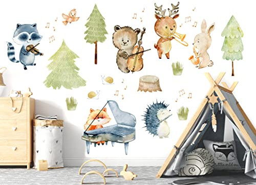 WONDER MURALS Wandtattoo Kinderzimmer Deko Mädchen Junge Wandaufkleber Waldtiere Tiere Musik Wandsticker Kinder Wanddeko Babyzimmer Fuchs Hirsch Bär Igel Hase (L - 128 x 90 cm (B x H))
