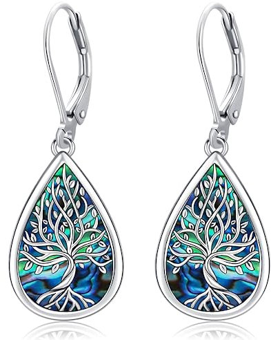 Baum des Lebens Ohrringe 925 Sterling Silber Abalone Muschel Lebensbaum Hängend Ohrringe Schmuck für Damen Mädchen, Geburtstags Muttertags Schmuck Geschenke (Baum des Lebens Ohrringe-E)