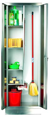 DENIOS Edelstahl-Putzmittelschrank INOX, mit verkürzter Mittelwand, B 800, T 500m, H 1800 mm