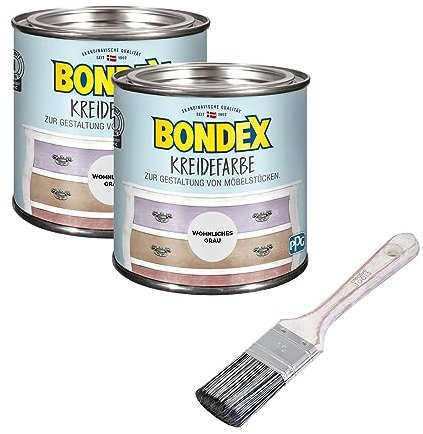 Bondex 2er-Set Kreidefarbe 0,5 L Wohnliches Grau mit Flachpinsel | Möbelfarbe für den Innenbereich | Leichte Verarbeitung für kreative DIY-Priojekte | Vintage-Look | Shabby-Chic