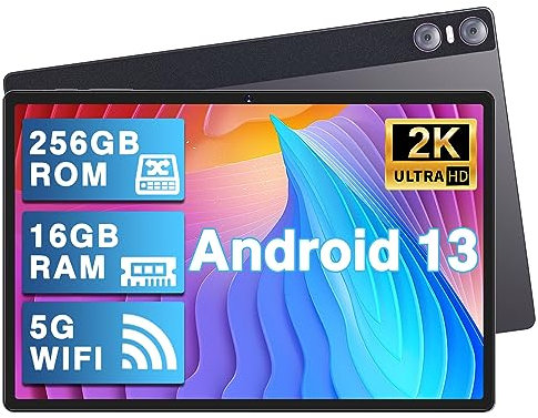 YESTEL Tablet 11 Pulgadas Android, 16GB RAM 256GB ROM Expandible 1TB, Pantalla 2K IPS, 4 Altavoces, 3 Cámaras, GPS, Carga Rápida 18W, 8600mAh, WiFi 5G, Octa-Core, con Funda – Gris