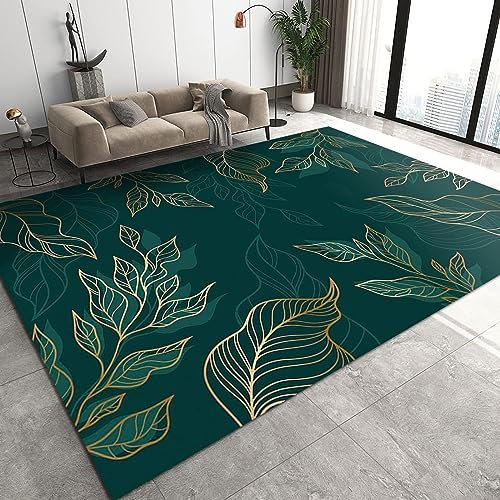 TEMLAN Dunkelgrüne Pflanzenblätter Teppiche Gegend, Blatt Mit Goldenen Grünen Linien Kurzflor Teppiche für Teppich Wohnzimmer Teetisch Sofa Bodenmatte Schlafzimmer Nachttisch Teppich 160 x 230cm