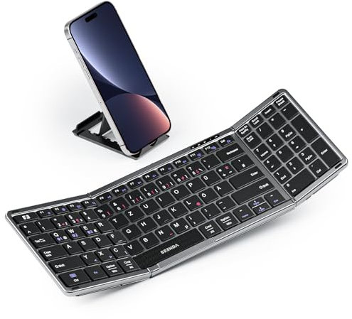 seenda QWERTZ Foldable Bluetooth Keyboard with Number Pad and Mobile Phone Holder, Rechargeable Wireless Folding Keyboard with 3 Channels for Windows iOS Android Mac Smartphone Tablet Laptop PC -