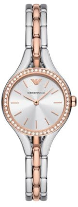 Emporio Armani Orologio da Donna, Movimento a Due Lancette, in Acciaio Inossidabile, con Cassa da 28 mm e Bracciale in Pelle o Acciaio, Argento/Oro rosa
