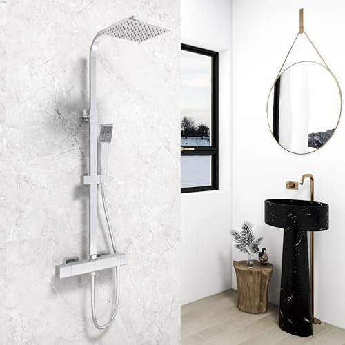 MYB Square Chrome Thermostatic Mixer Shower Set, Overhead Rainfall Shower Head, Handheld Shower Head