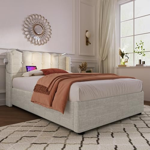 Dolamaní Polsterbett 90x200 cm mit Stauraum, Stauraumbett Doppelbett mit Funktion Kopfteil und Leseli/CHT, Bettgestell, Jugendbett mit lattenrost (Natürlich, 90x200)