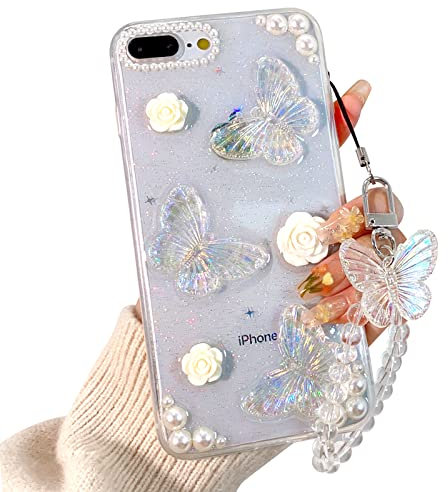NITITOP Compatible with iPhone 7 Plus / 8 Plus Case Cute Clear 3D Butterfly with Flower Floral Pearl Glitter for Girls Women Soft TPU Shockproof Protective Cover Girly
