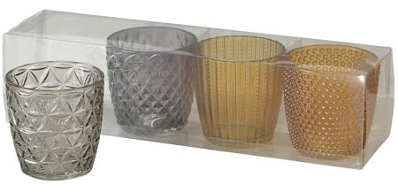 Seaside No.64 - Windlicht-Set 4 teilig aus Glas 7,5 x 7,5cm - Teelichthalter für Romantisches Ambiente - Kerzenständer mit verschiedenen Designs - Retro Kristall Ornamente - (grau/gelb Mix, Set)