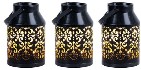 etc-shop Solarlampen für Außen Balkon Deko Muster Gartendeko Metall Solarlaterne hängend Pflanzgefäß, schwarz, LED, DxH 10x16 cm, 3er Set