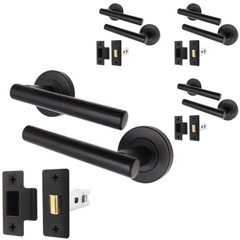 EAI Black Door Handle Latch Set - Pack of 4 | Round T-Bar Internal Door Handles & Latch (64mm) | Matt Black Lever on Rose Oliena Range