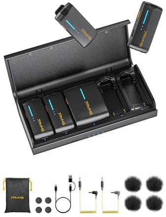 7RYMS iRAY DW40 Lavalier Wireless Mikrofon 4 Sendern & 1 Receiver, Aktive Geräuschunterdrückung, 48kHz/24bit Audioqualität, 200M Reichweite, Ansteckmikrofon Kabellos für DSLR-Kamera, Handy, iPhone, PC