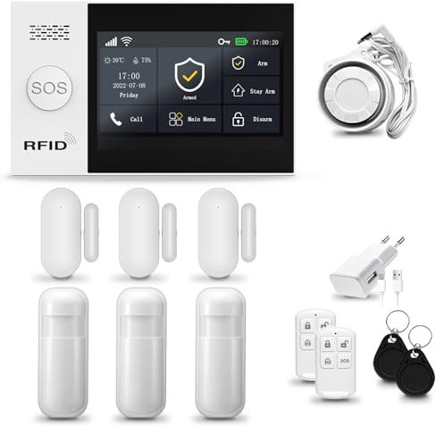 HUXGO® HXA007 Alarmanlage fürs Haus WiFi + GSM Set mit Sirene | Funk Alarmanlage Wohnung mit App. TUYA |Alarm System mit 3X Bewegungssensor, 3X Fensteralarm/Türsensoren | Smart Home