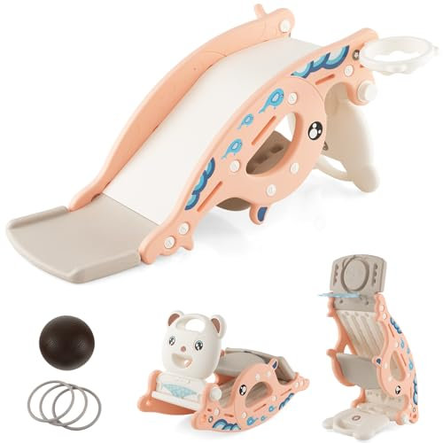 COSTWAY Toddler Slide and Rocking Horse, 4 in 1 Kids Rocker with Basketball Hoop & Ring Toss Game, Foldable Baby Slider Climber for Boys and Girls (Pink)
