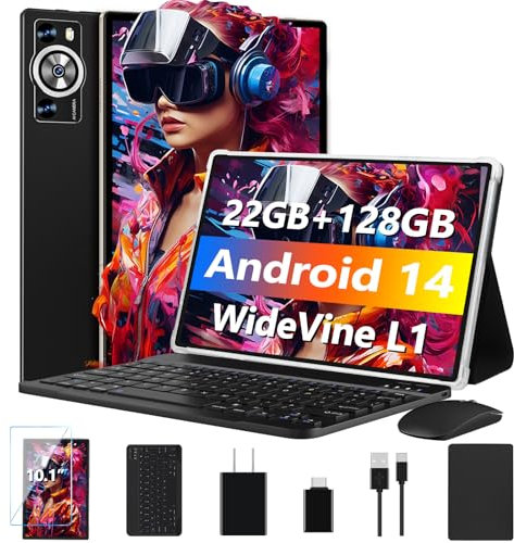 DEERTiME Android 14 Tablet 10.1 Inch 8000mAh Battery Tablets with 22GB RAM 128GB ROM 1TB Expand, Octa-Core HD Touchscreen Tablet with Keyboard, Mouse, Support Widevine L1, Split-Screen - Black