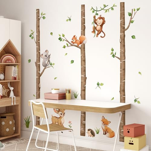 Tanlaby Groß Baum Birke Wandsticker Waldtiere Wandaufkleber Tiere Affen Rehe Füchse Wanddeko für Babyzimmer Spielzimmer Wandbild Kinderzimmer Schlafzimmer Wohnzimmer