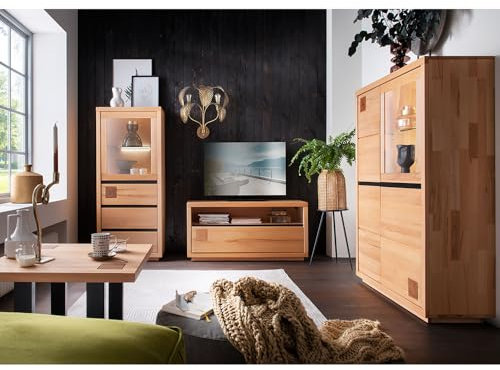 Wohnzimmer Komplett Set 4-teilig Highboard Vitrinenschrank Lowboard Couchtisch modern in massiver Buche